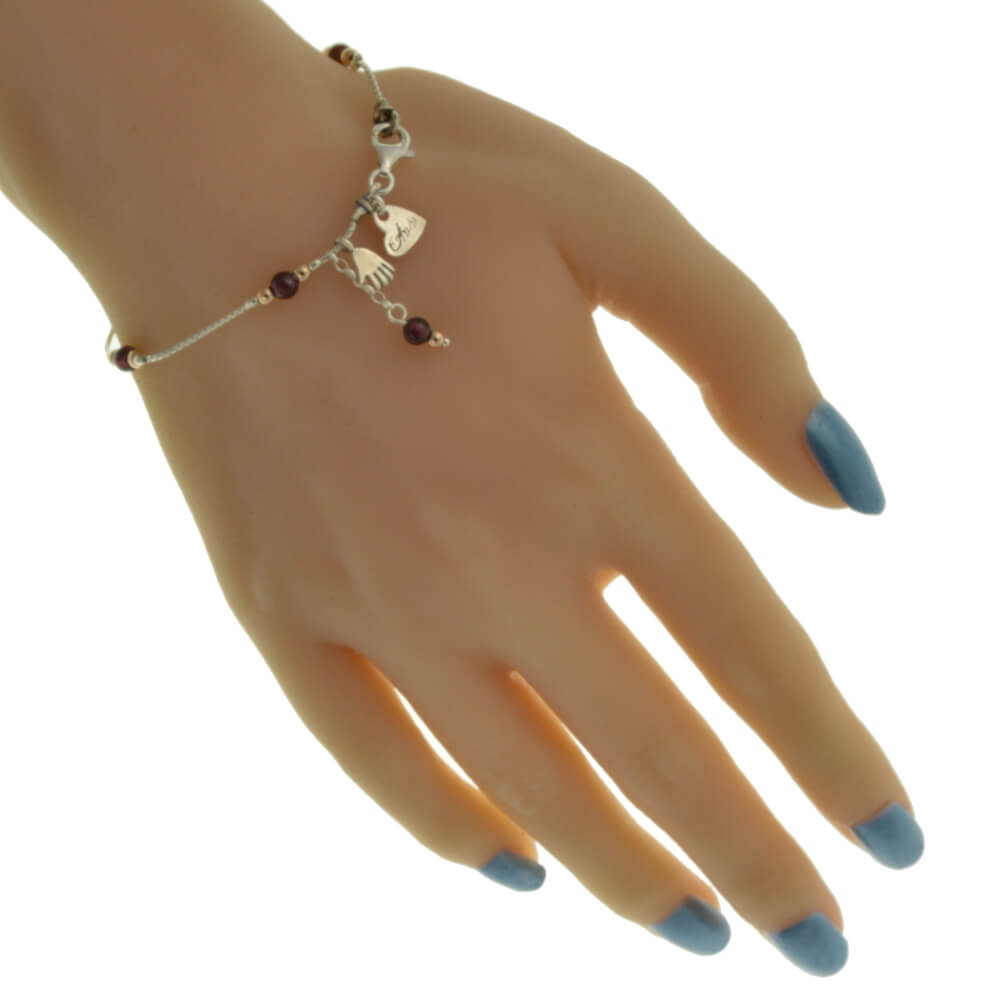 Handmade Aviv Sterling Silver Jewellery: Delicate 7" Bracelet with Garnet and Copper Beads and Dangly Hand and Garnet Charms (B33)