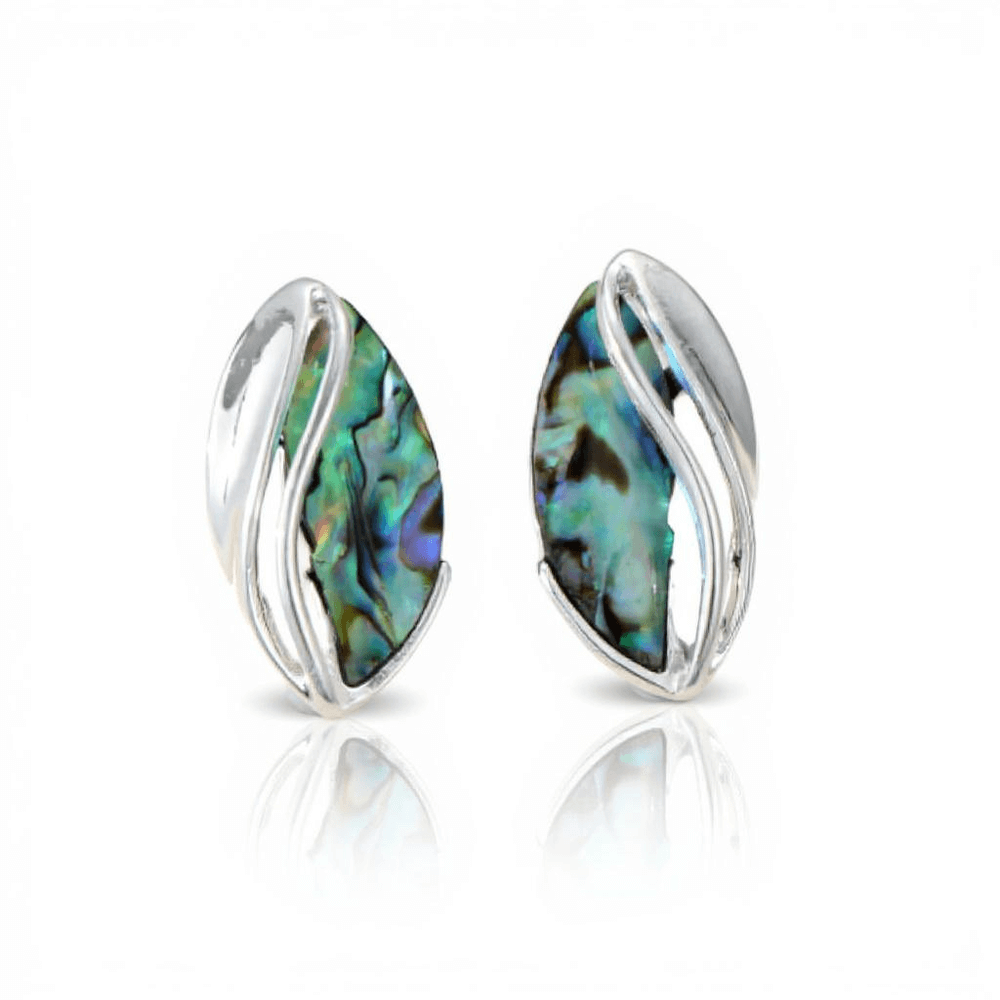 silver tone curving leaf shape earrings with abalone shell