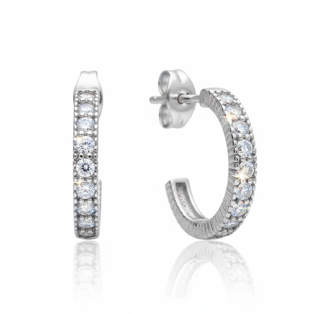 Beautiful Sterling Silver and Moissanite Hoop Earrings (1.5cm Diameter) (E638)