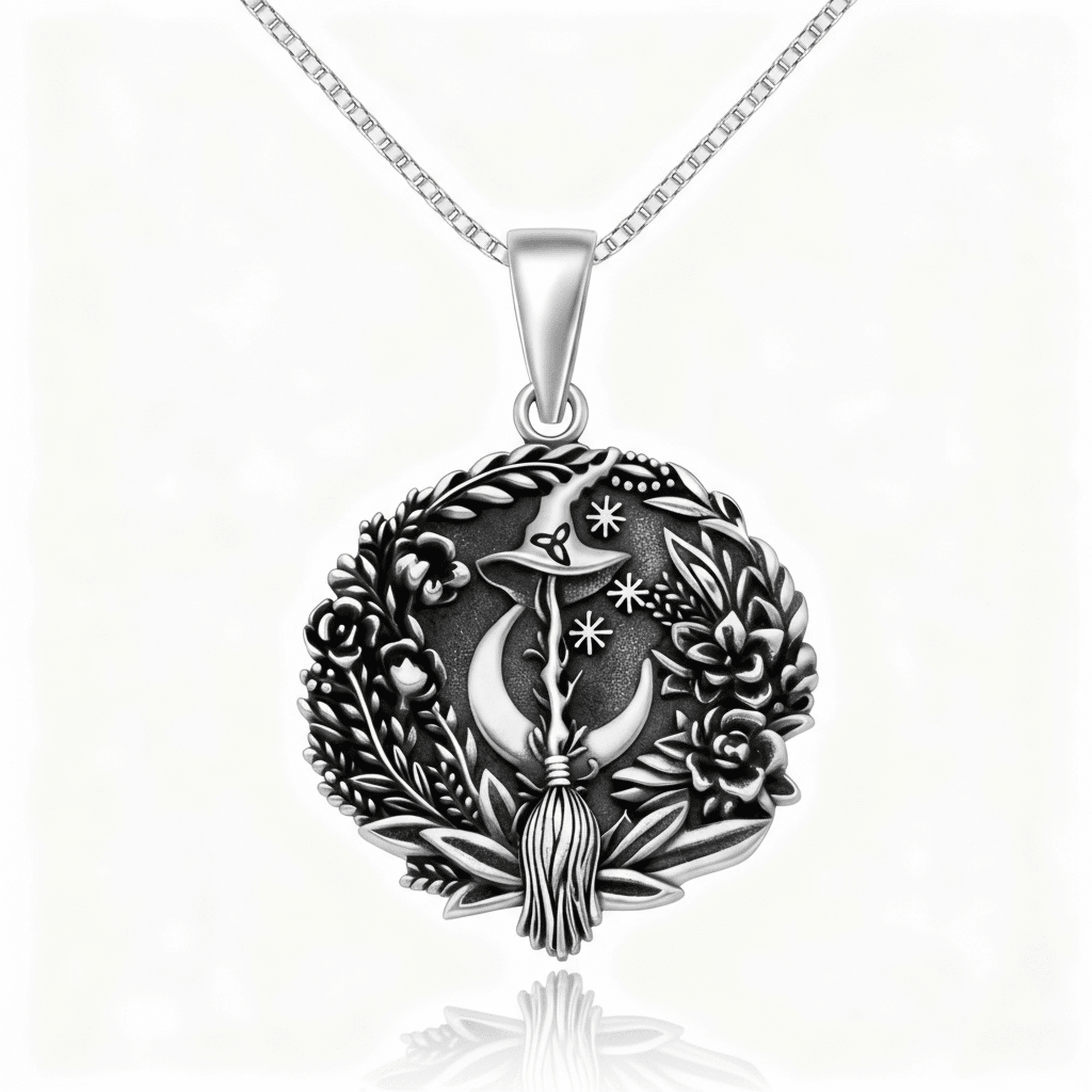 Sterling Silver Oxidised Floral Amulet Pendant with Witch Hat and Broomstick (N291)