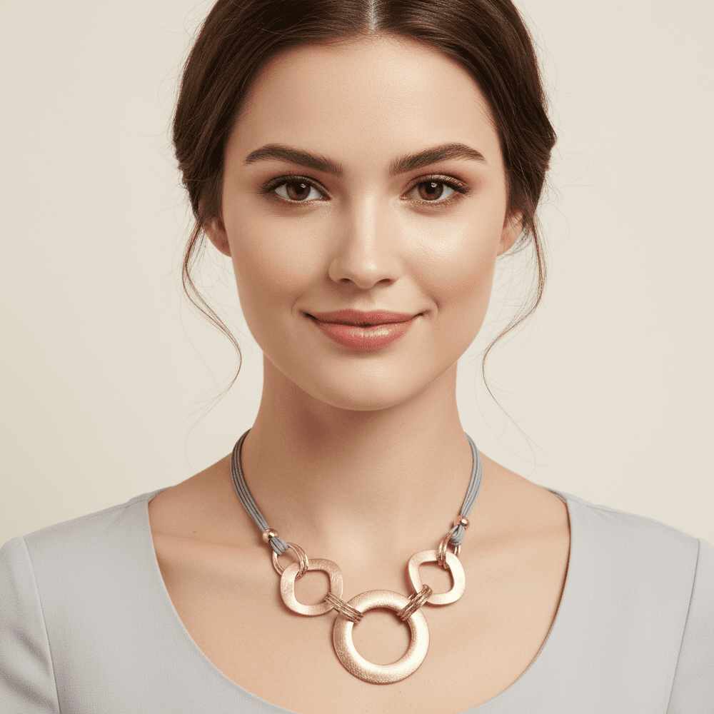 Magnetic Necklace with Grey Cord and Scratch-Finish Gold Statement Loops (M121)G)