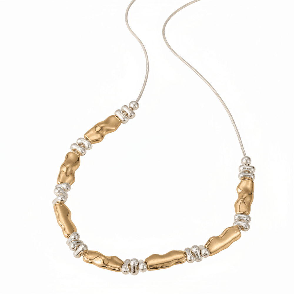 Silver and Gold tone Contemporary Necklace with Textured Beads