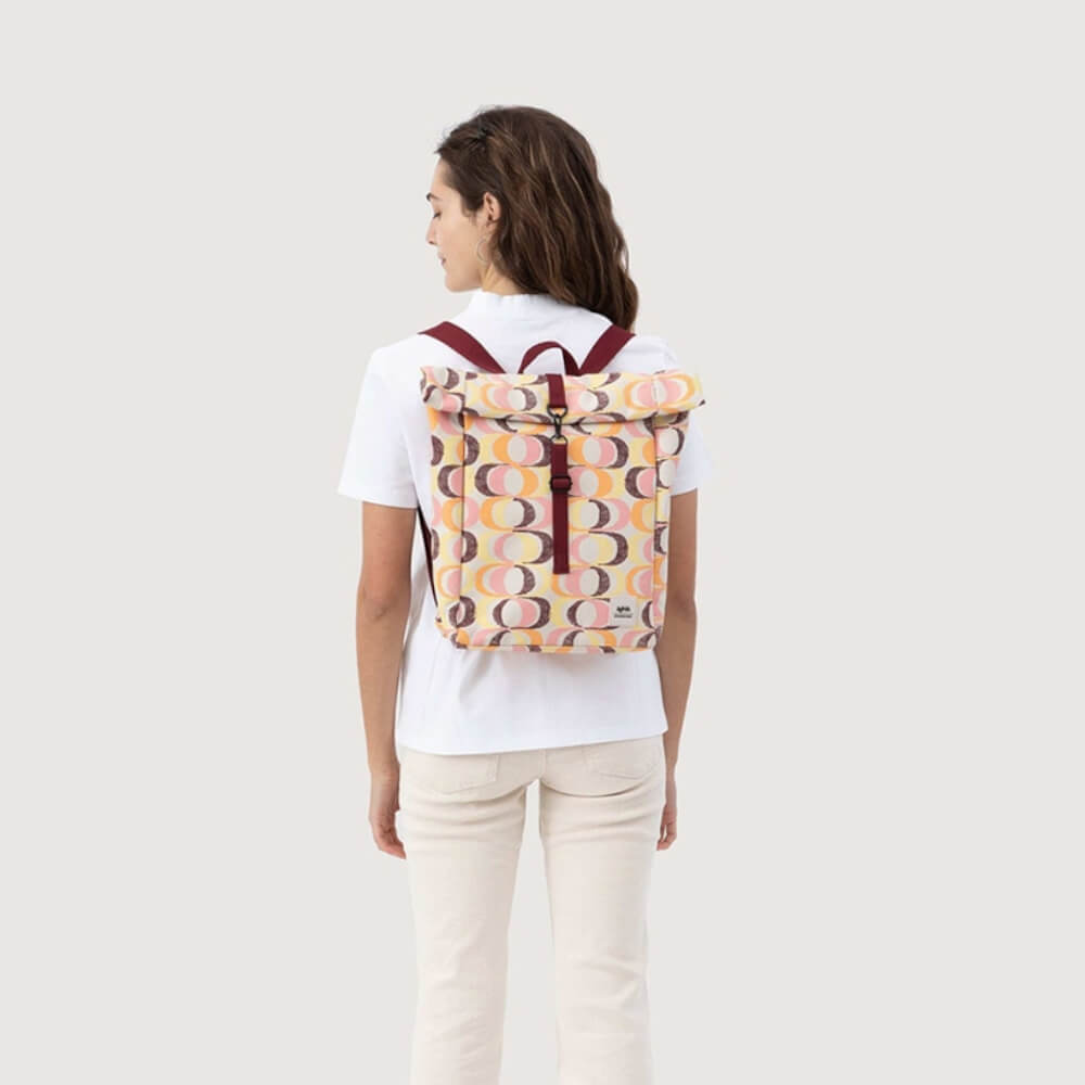 Lefrik Vegan Recycled Bags: Orange, Pink and Burgundy Seventees Print Mini Rolltop Backpack (BG17)