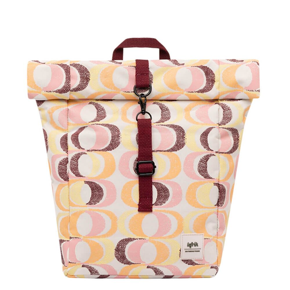Lefrik Vegan Recycled Bags: Orange, Pink and Burgundy Seventees Print Mini Rolltop Backpack (BG17)-0
