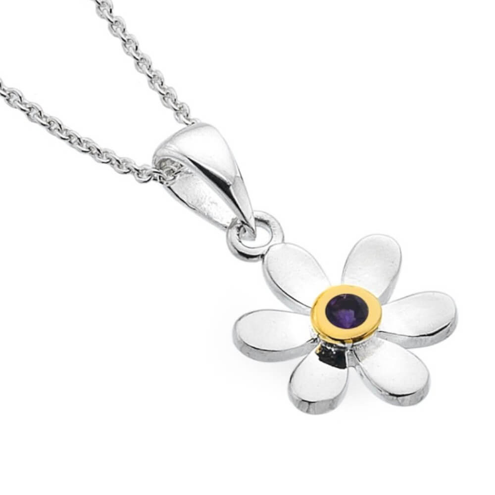 Pretty Sterling Silver and Gold Daisy Pendant with Purple Amethyst Centre (N134)D)