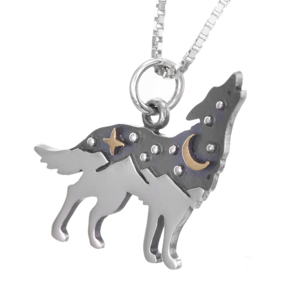 Celestial Sterling Silver Wolf Pendant with Mountains and Bronze Moon (17mm x 20mm) (N93)