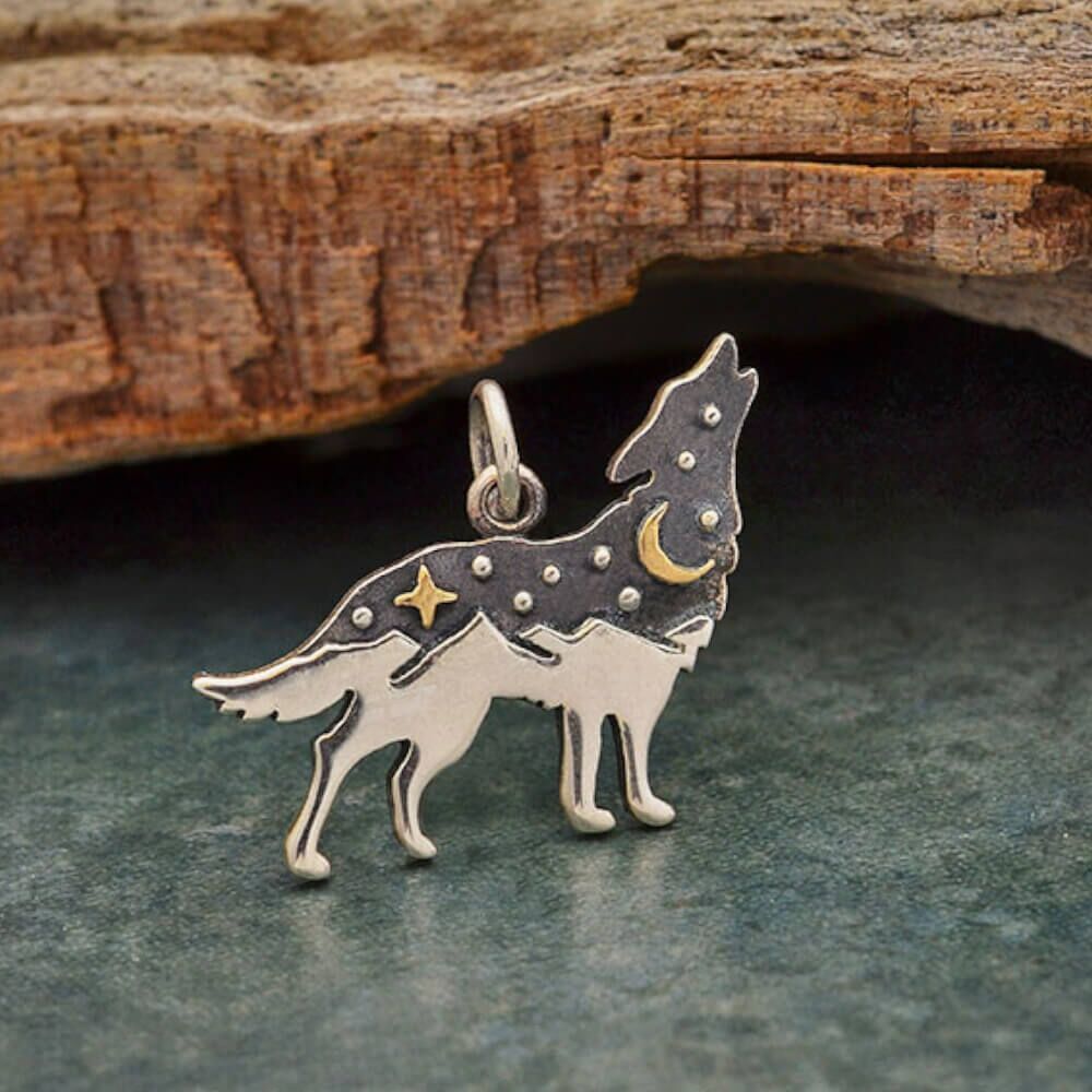 Celestial Sterling Silver Wolf Pendant with Mountains and Bronze Moon (17mm x 20mm) (N93)