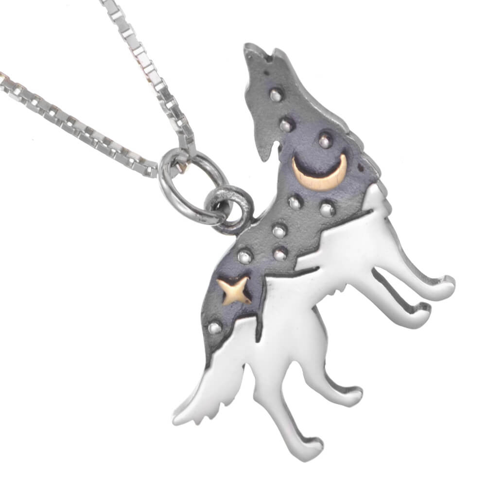 Celestial Sterling Silver Wolf Pendant with Mountains and Bronze Moon (17mm x 20mm) (N93)
