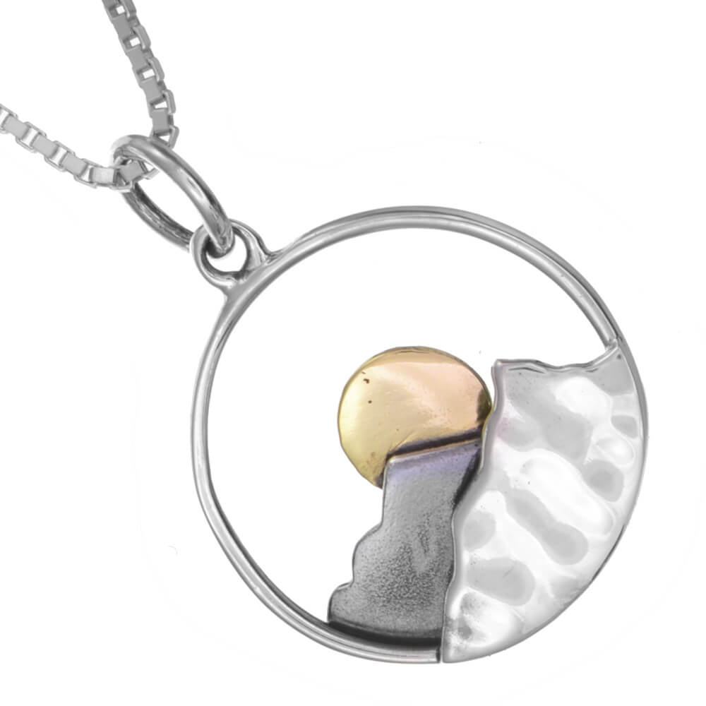 Celestial Sterling Silver Circle Pendant with Mountains and Bronze Moon (21mm x 15mm) (N100)