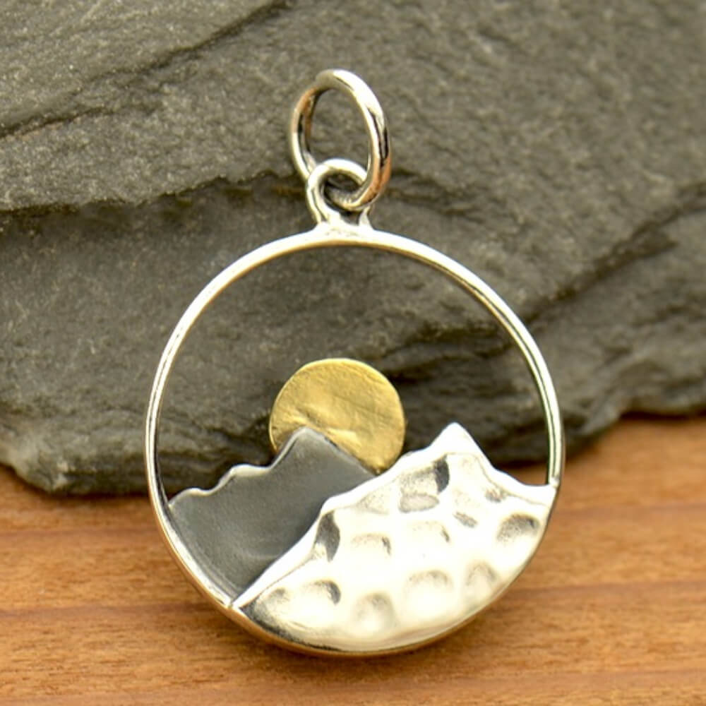 Celestial Sterling Silver Circle Pendant with Mountains and Bronze Moon (21mm x 15mm) (N100)