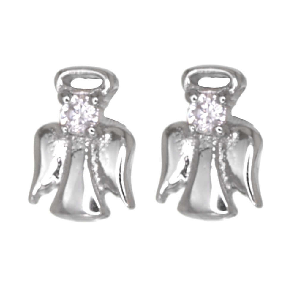 Festive Sterling Silver Jewellery: Tiny Angel Stud Earrings with Crystal Detail (6mm x 4mm) (E313)