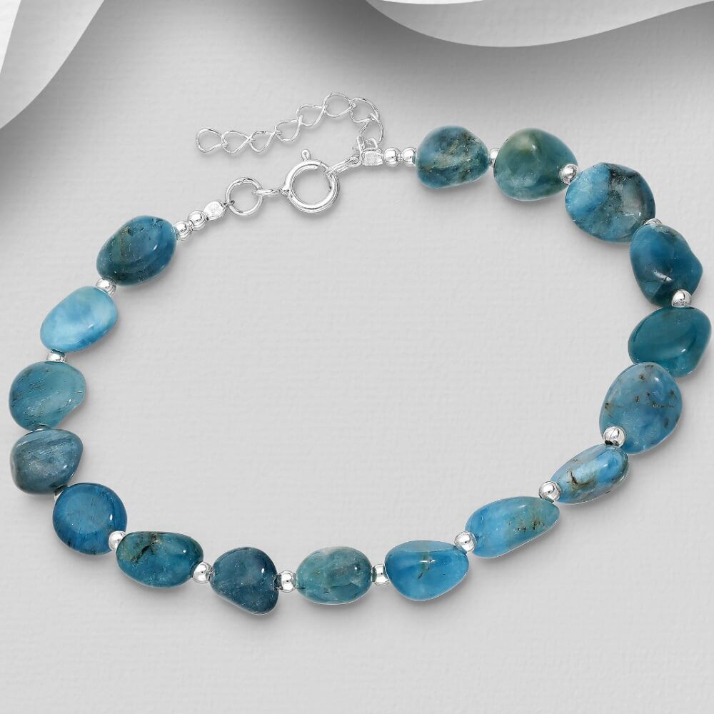 Beautiful Sterling Silver and Blue Apatite Pebble Beaded Gemstone Bracelet (B110)B)