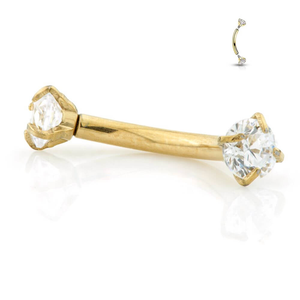 Double Gem Design Gold Zircon Titanium Internally Threaded Curved Micro Barbell For Rook, Lip, Eyebrow Piercings (1.2mm x 8mm) (C91)B)