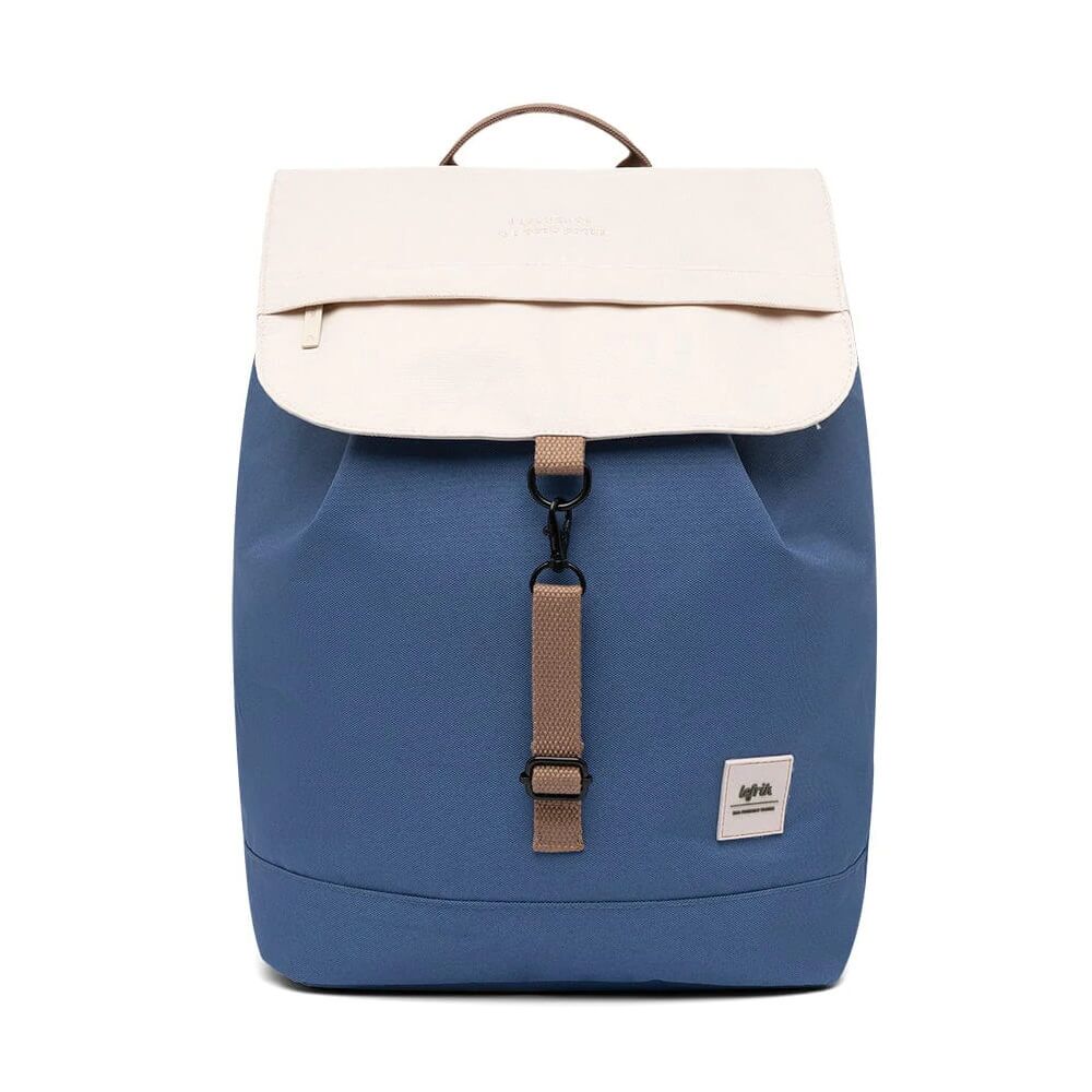 Lefrik Vegan Recycled Bags: Cream and Blue Scout-Metal Backpack with Tobacco Accents (BG60)