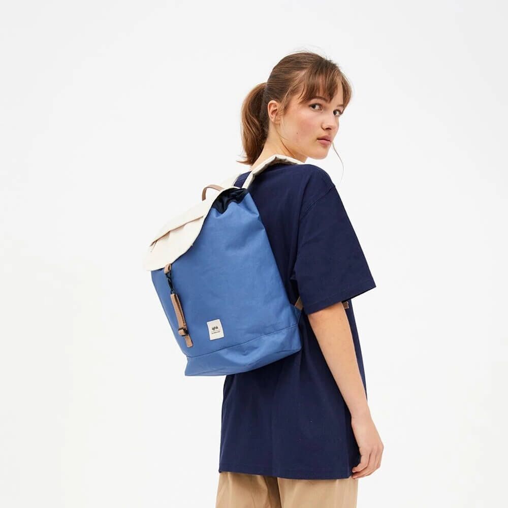 Lefrik Vegan Recycled Bags: Cream and Blue Scout-Metal Backpack with Tobacco Accents (BG60)