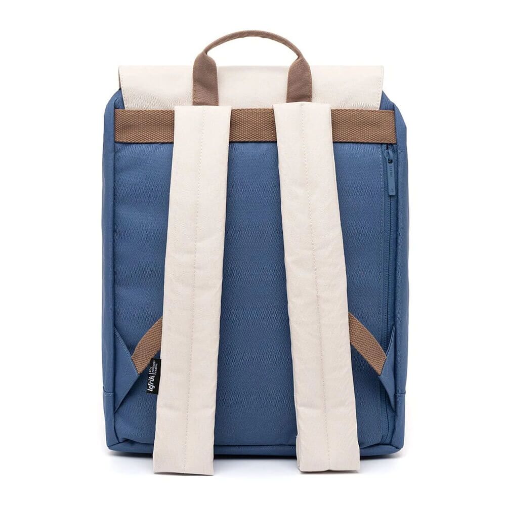 Lefrik Vegan Recycled Bags: Cream and Blue Scout-Metal Backpack with Tobacco Accents (BG60)