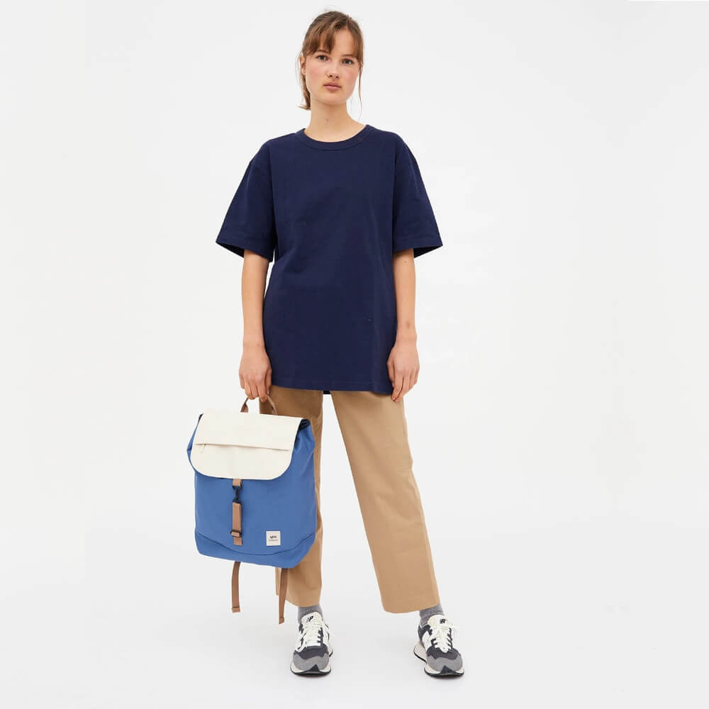 Lefrik Vegan Recycled Bags: Cream and Blue Scout-Metal Backpack with Tobacco Accents (BG60)