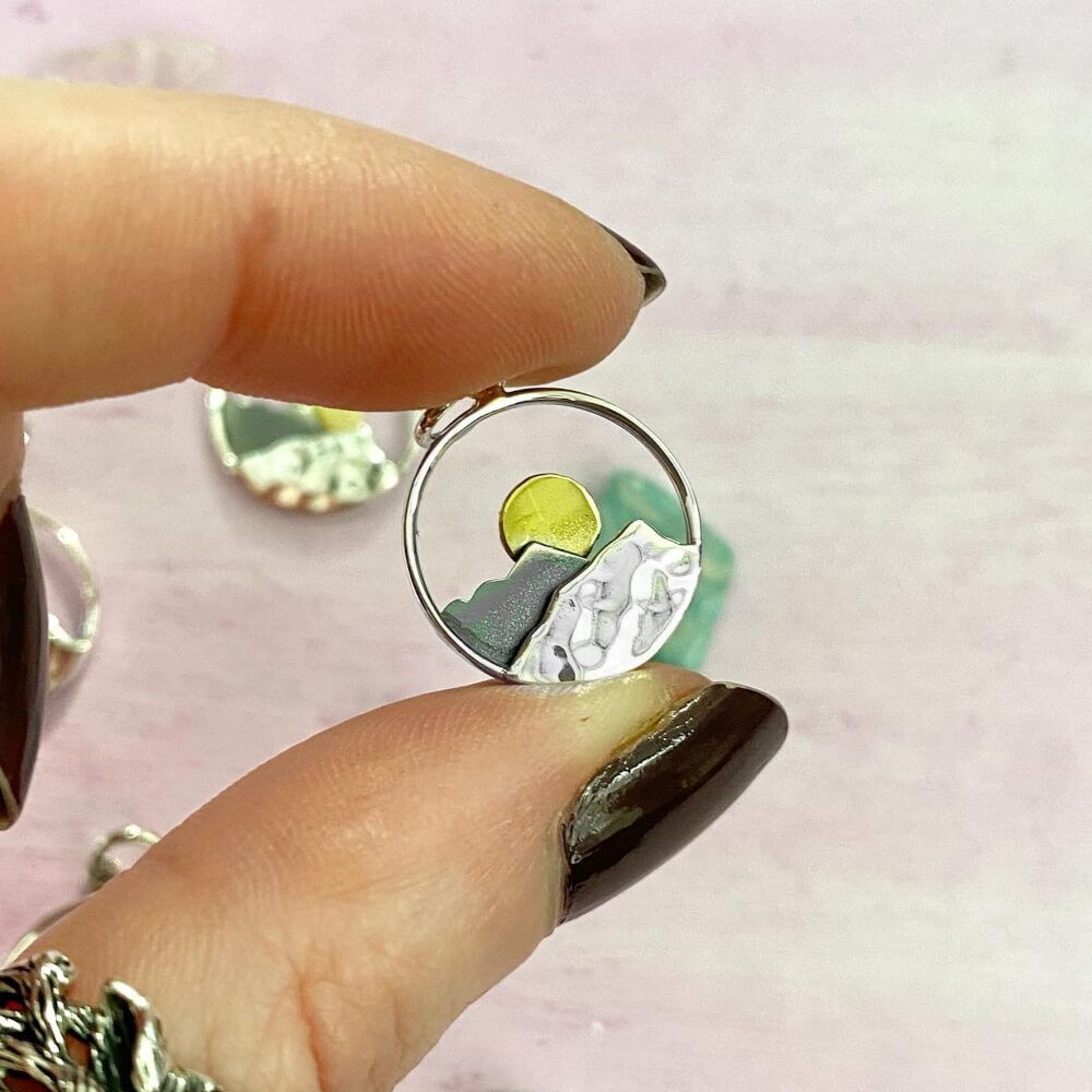 Celestial Sterling Silver Circle Pendant with Mountains and Bronze Moon (21mm x 15mm) (N100)