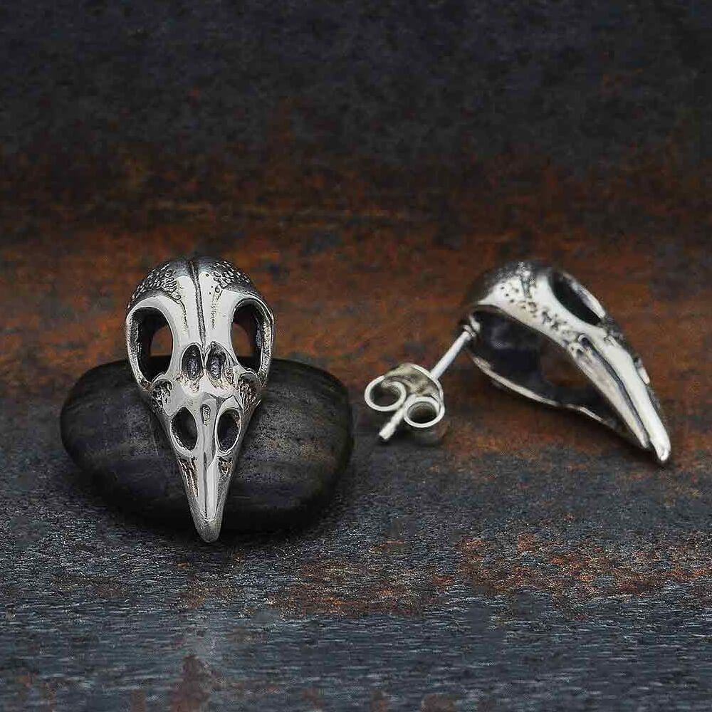 Gothic Sterling Silver Jewellery: Raven Skull Stud Earrings (21mm x 11mm) (E518)