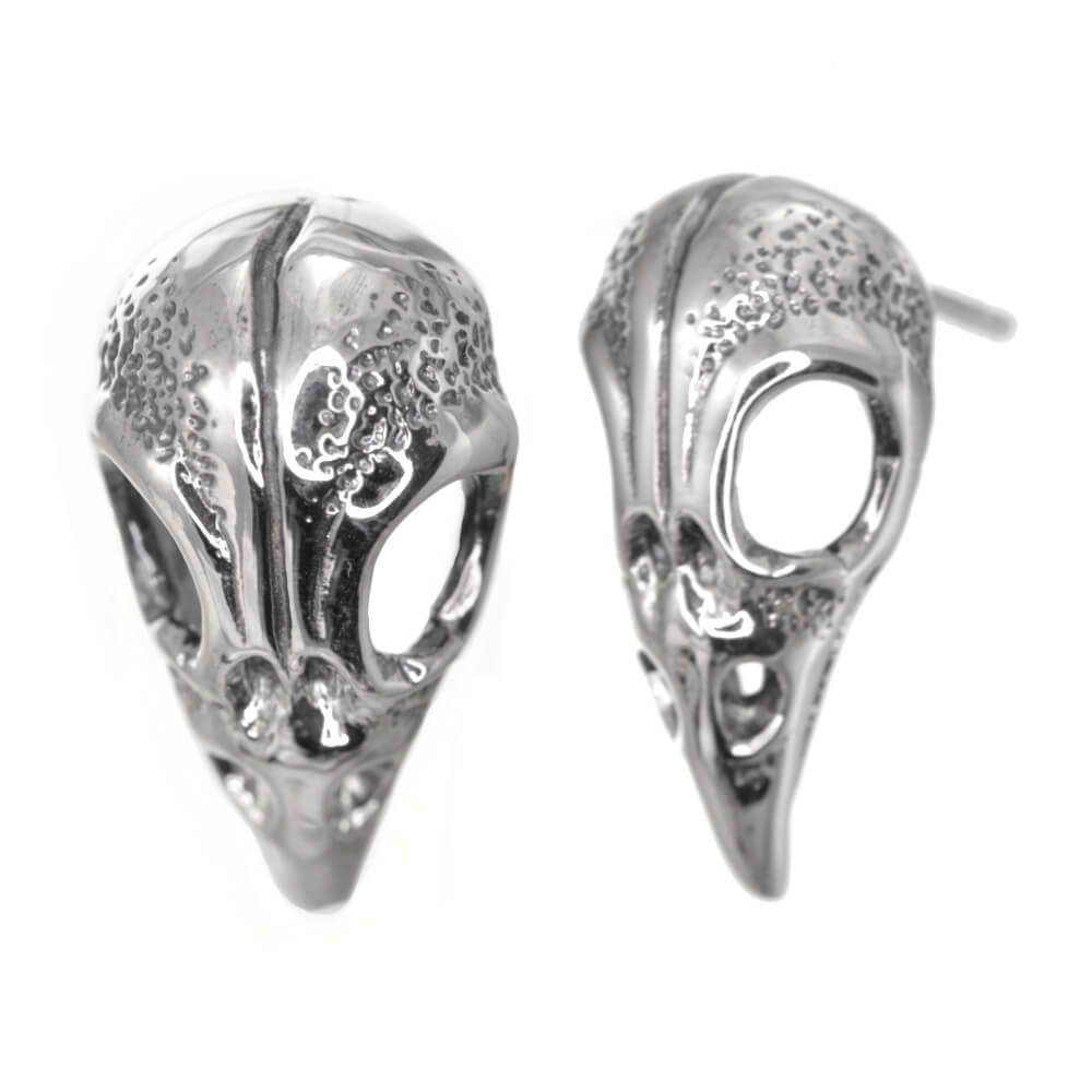Gothic Sterling Silver Jewellery: Raven Skull Stud Earrings (21mm x 11mm) (E518)