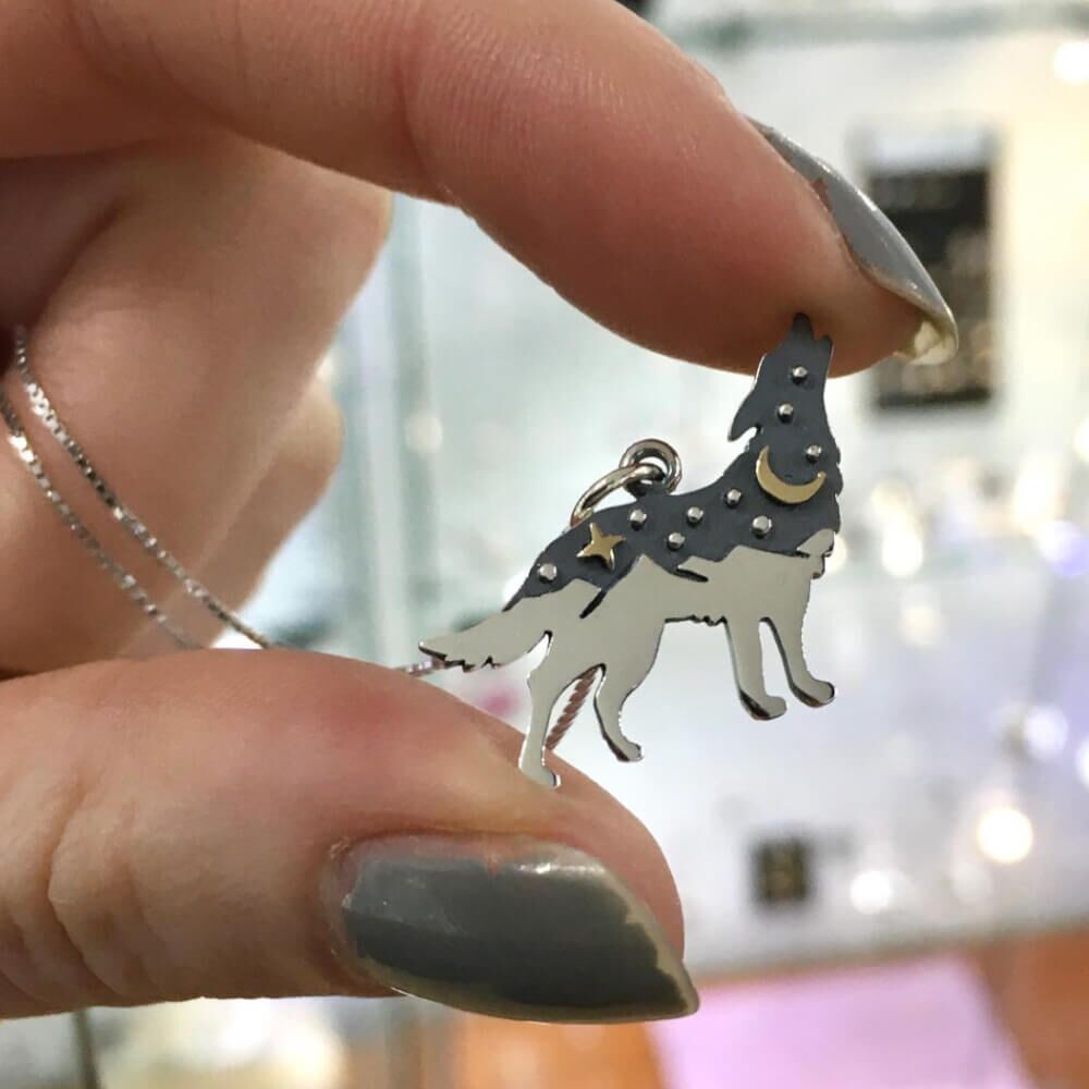 Celestial Sterling Silver Wolf Pendant with Mountains and Bronze Moon (17mm x 20mm) (N93)