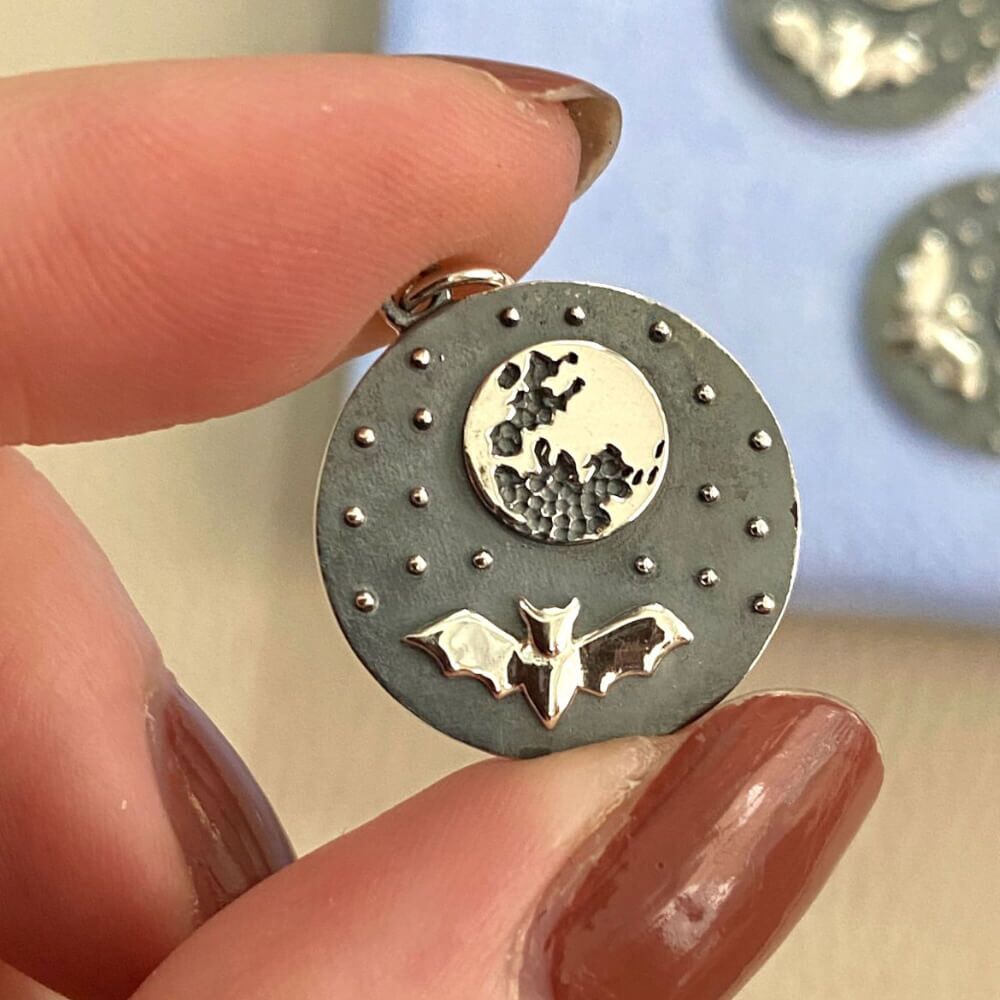 Oxidised Circle Pendant with Full Moon And Bat Design