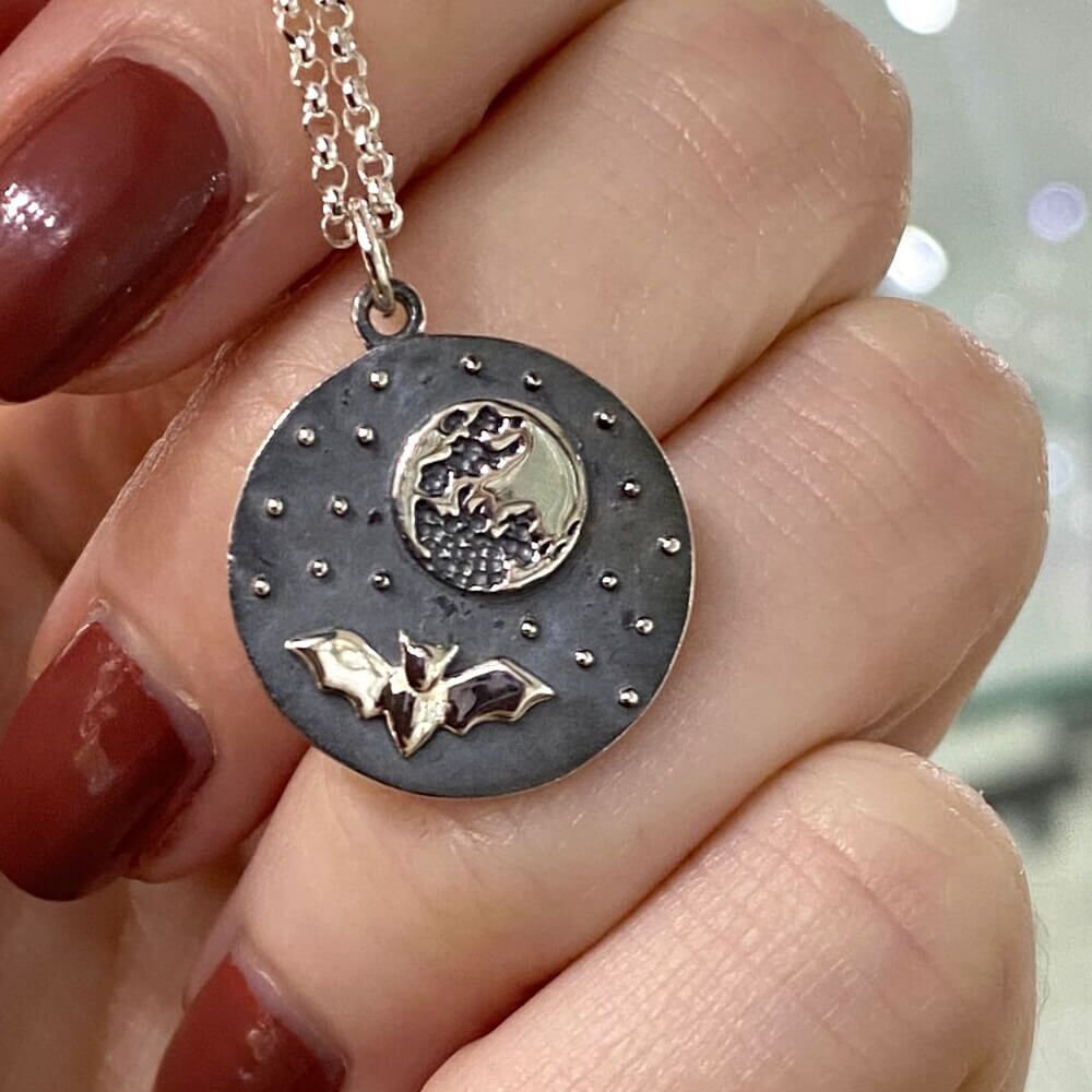 Oxidised Circle Pendant with Full Moon And Bat Design