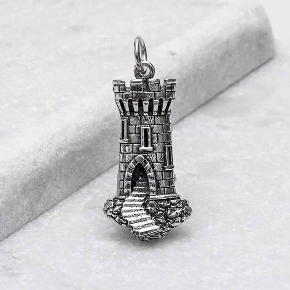 Sterling Silver Fantasy Castle Tower Pendant with Oxidised Details