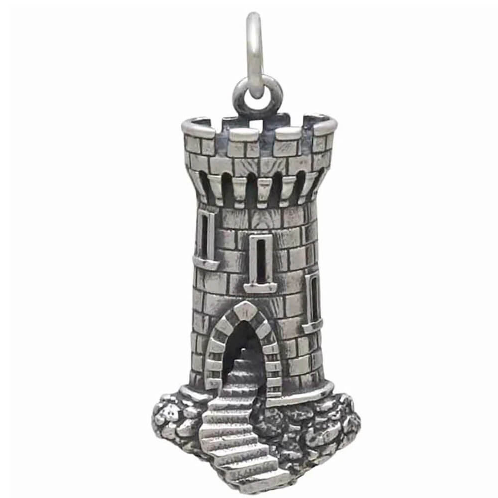 Sterling Silver Fantasy Castle Tower Pendant with Oxidised Details