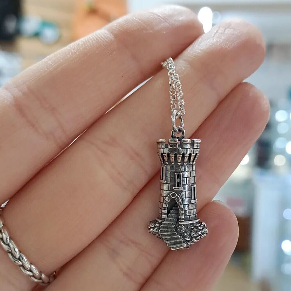 Sterling Silver Fantasy Castle Tower Pendant with Oxidised Details