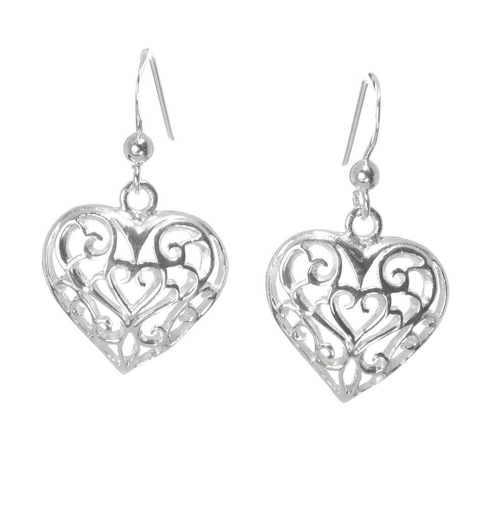 925 Sterling Silver Detailed Heart Drops