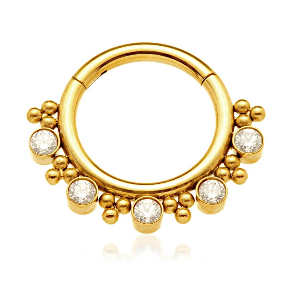 Gold Zircon Titanium Hinged Clicker Ring with Crystals and Tri-Bead Clusters