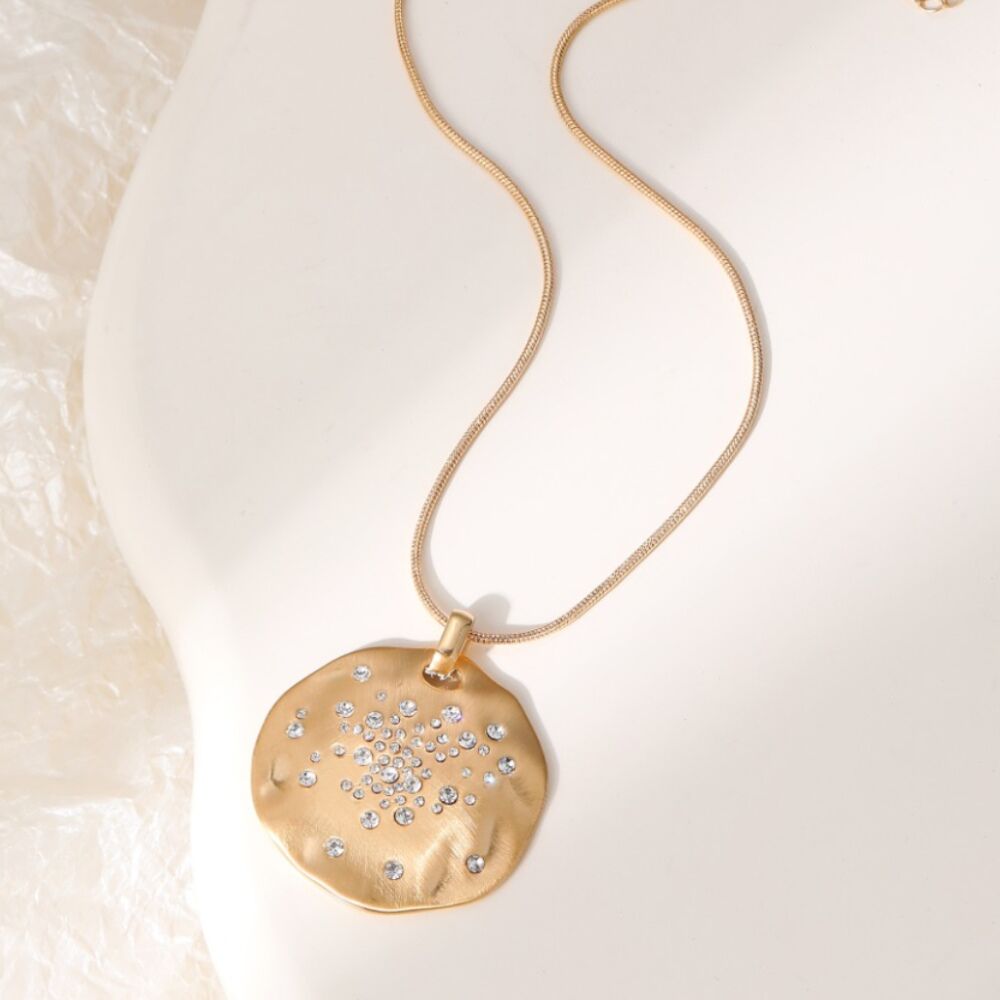 Gold Tone Necklace with Dimpled Pendant Studded With Crystals (M406)-0