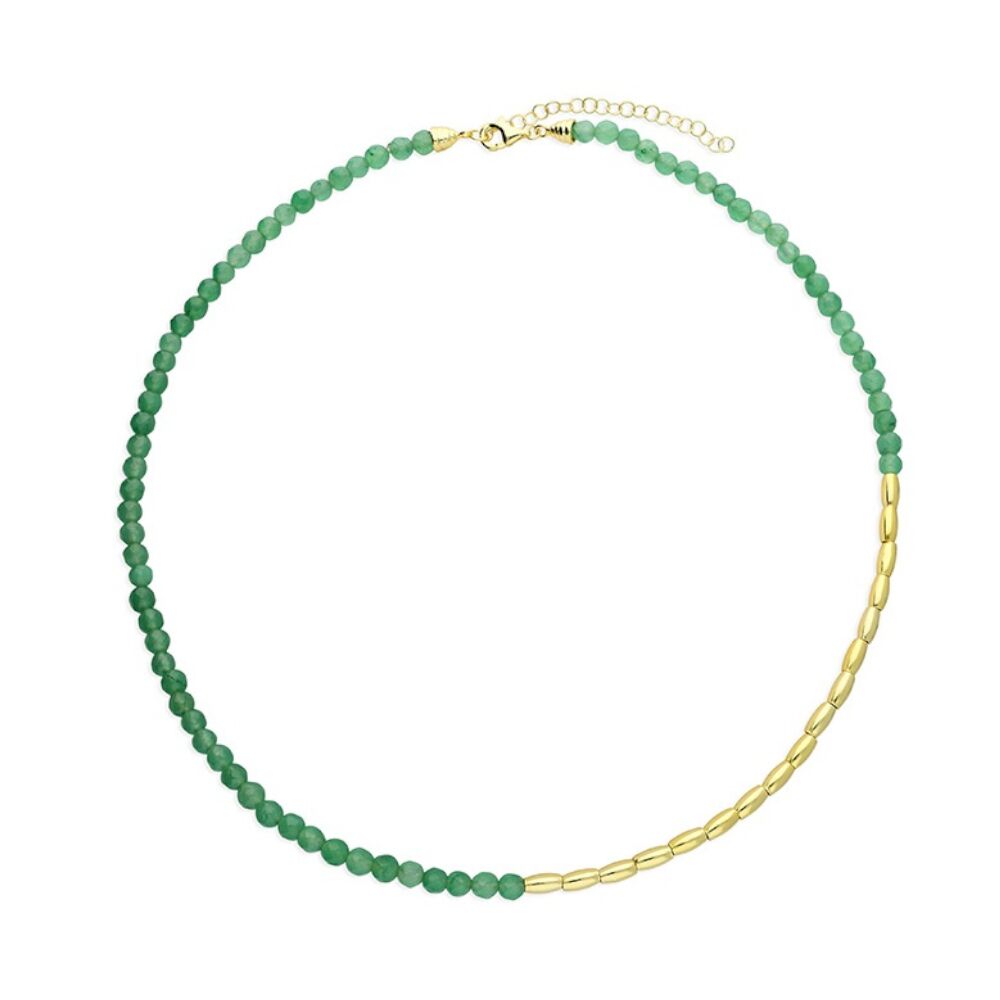 Green Quartz Necklace with Asymmetric Gold-Plated Sterling Silver Beaded Design