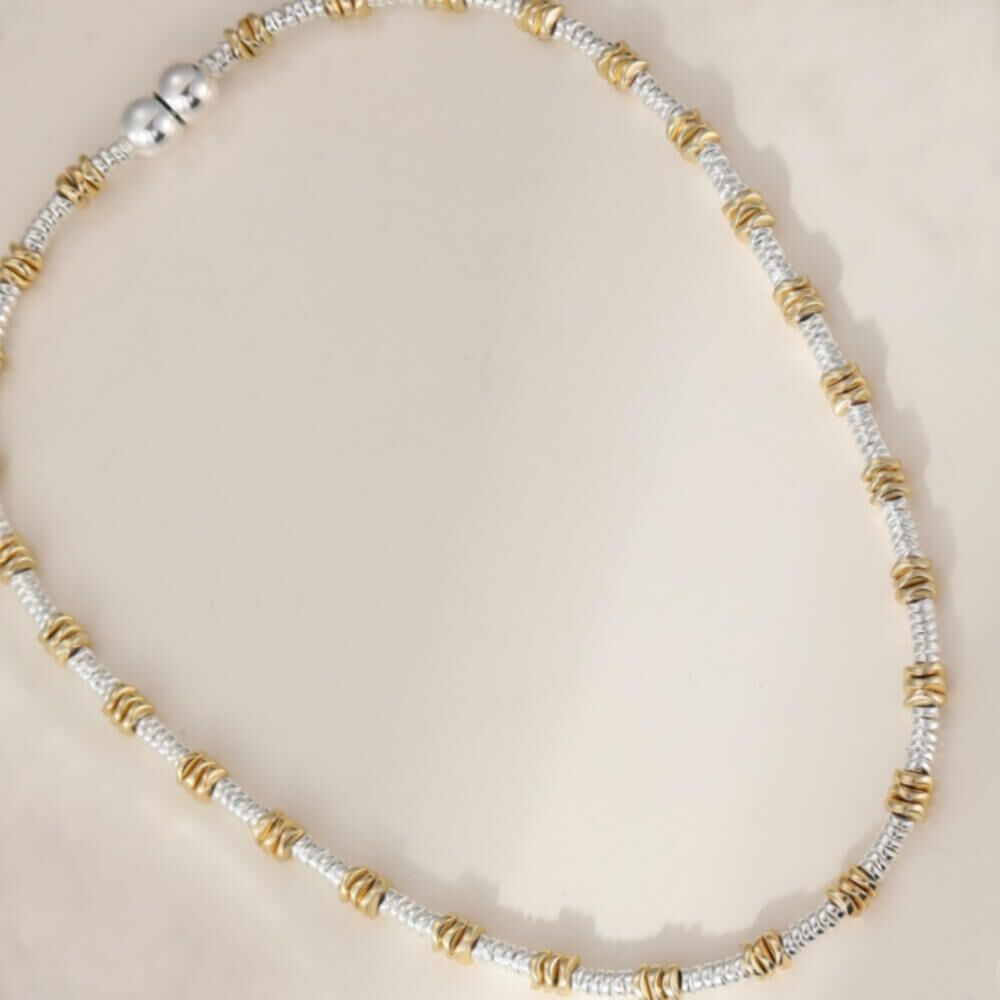 Chunky Silver and Gold Tone Beaded Necklace with Magnet Fastening (M471)