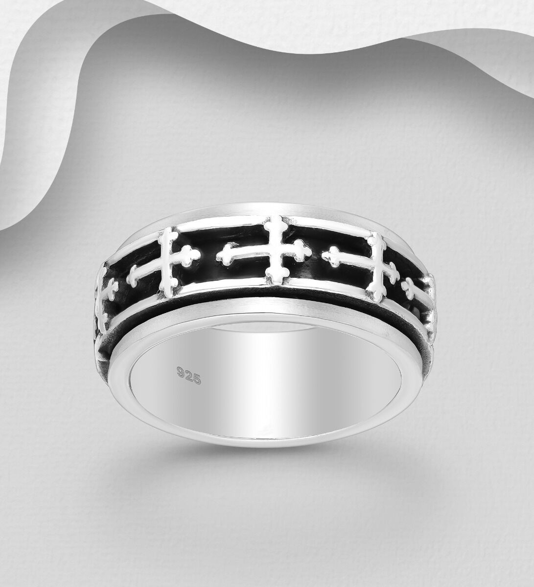 9mm Chunky Oxidised Sterling Silver Ring with Gothic Cross Motif Spinning Band