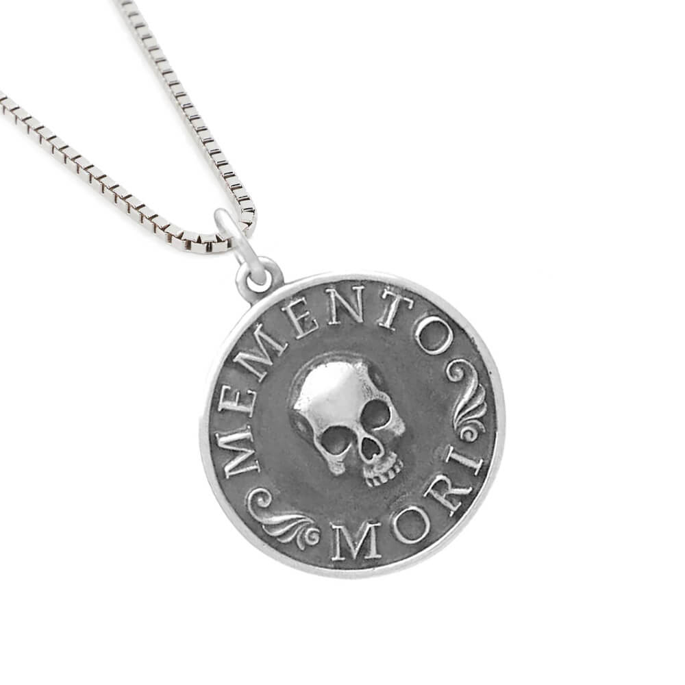 Oxidised Sterling Silver Skull Memento Mori Round Pendant