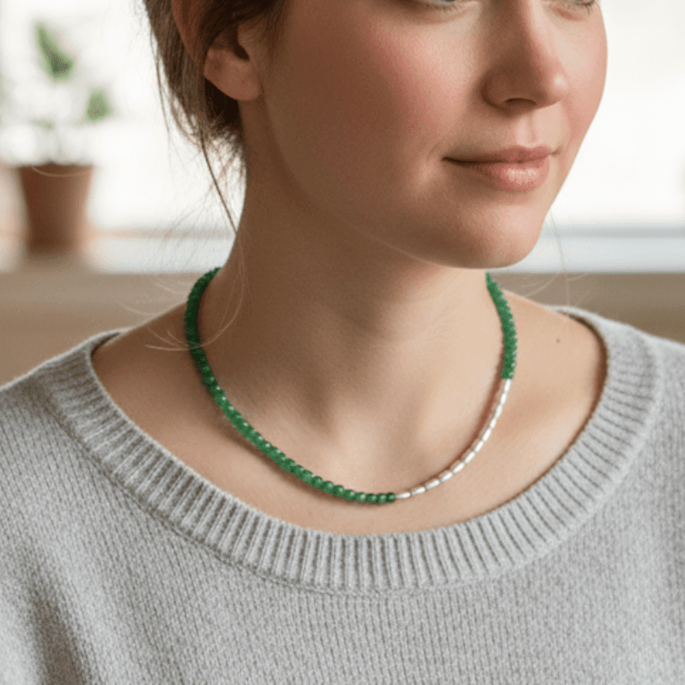 Green Quartz Necklace with Asymmetric Sterling Silver Beaded Design