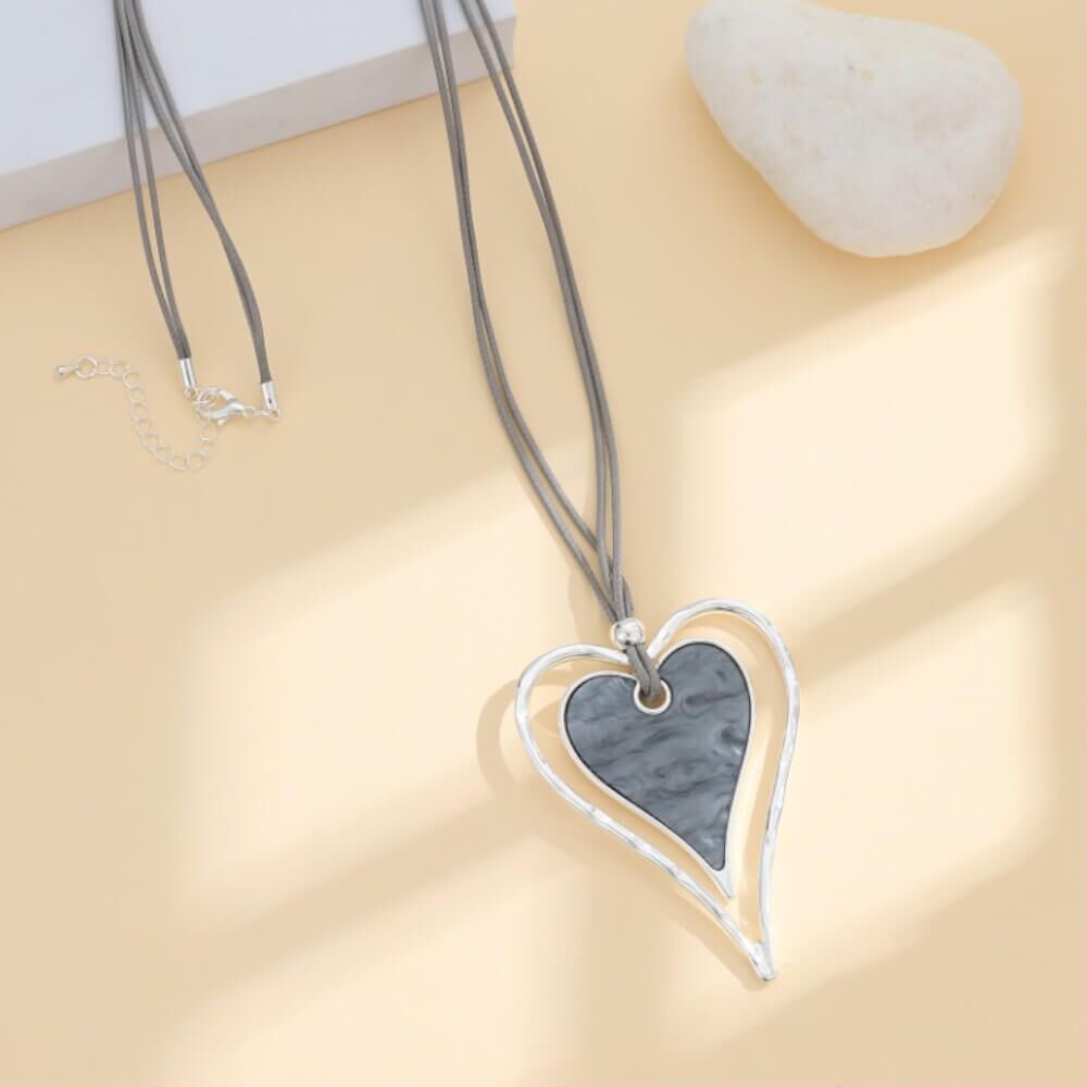 Long 30"/75cm Grey Cord Necklace with Large Silver Tone and Grey Shimmery Heart Pendant
