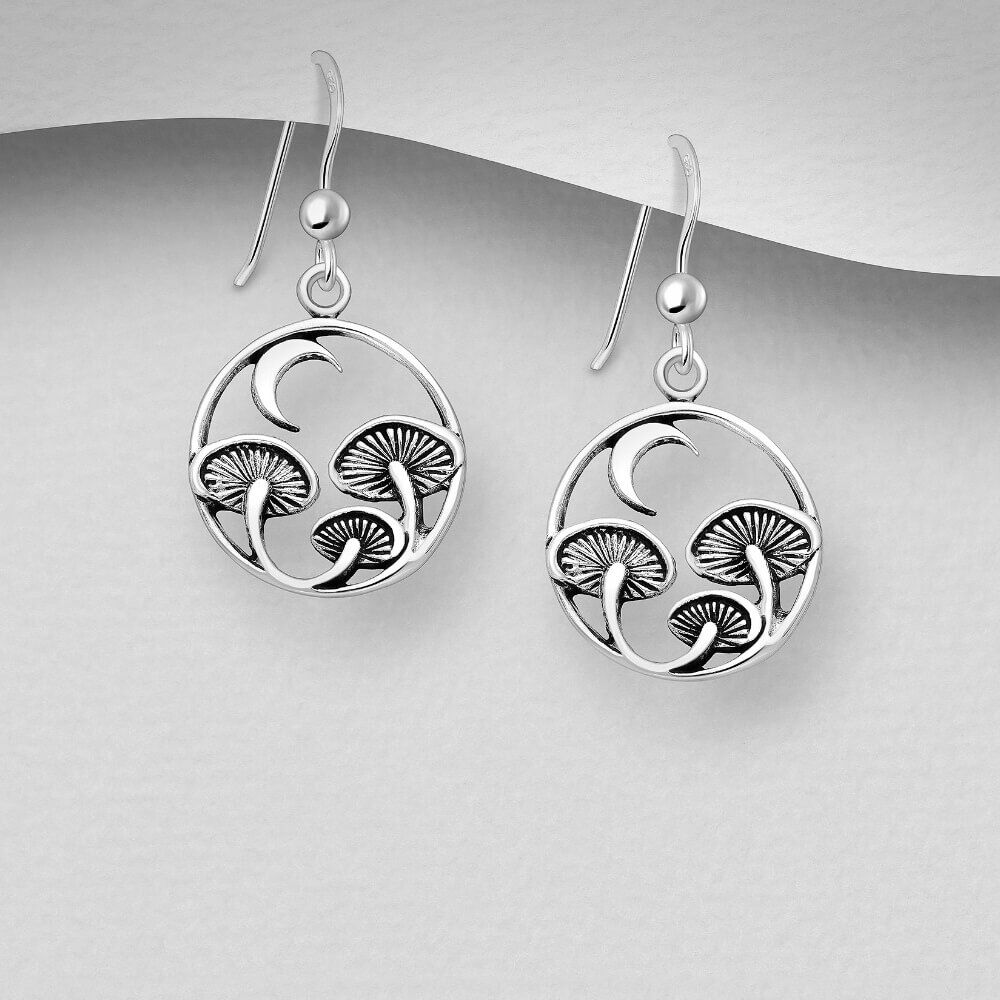 - Sterling Silver Mushrooms and Crescent Moon Dangly Earrings