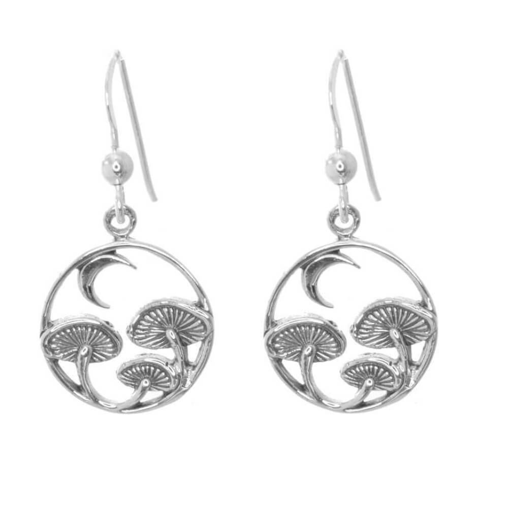 Sterling Silver Mushrooms and Crescent Moon Dangly Earrings