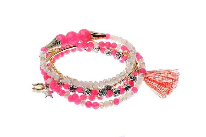 Festival Fashion: Set Of Hot Pink Stretch Bracelets With Tassel Charm