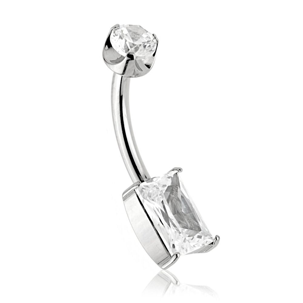 Titanium Internally Threaded Belly Bar with Rectangle Crystal (1.6mm x 10/12mm) (C102)S)