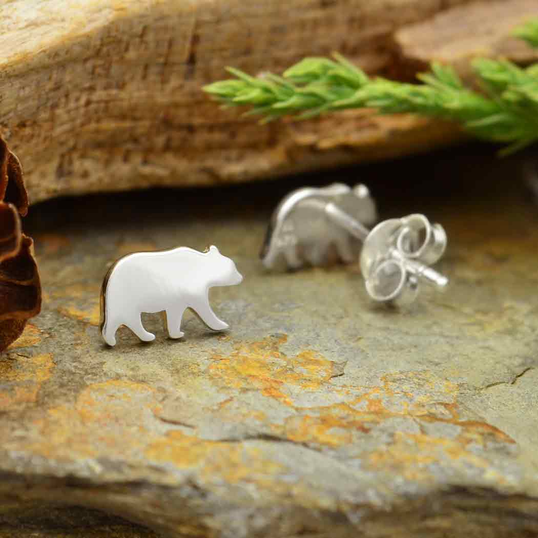 Small Sterling Silver Bear Sillhouette Stud Earrings (5mm x 9mm) (E55)