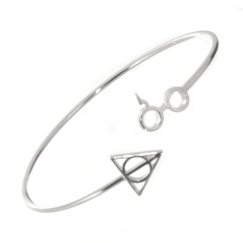 harry potter glasses and deathly hallows bangle braclet magical-sterling-silver-glasses-and-triangle-design-open-cuff-bangle-57mm-diameter-b104