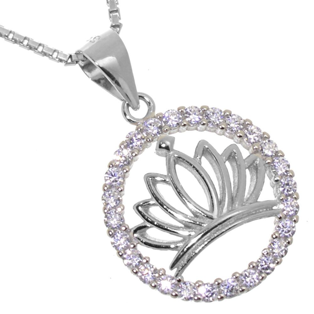 NEW Sterling Silver Jewellery: Simple Lotus in Crystal Outline Circle Pendant