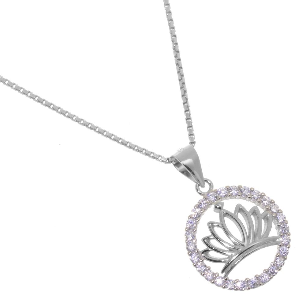 NEW Sterling Silver Jewellery: Simple Lotus in Crystal Outline Circle Pendant