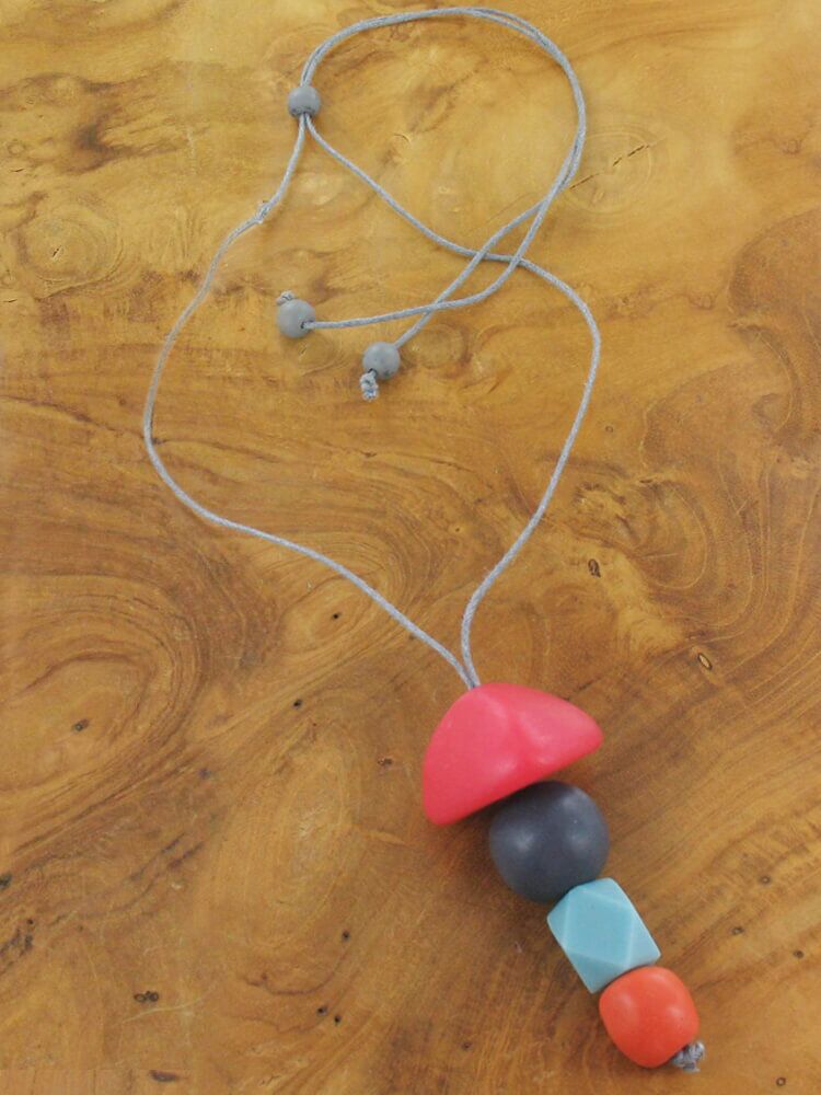 Fashion Jewellery: 24" Adjustable Cord Necklace with Long 3" Chunky Pendant in Red, Orange, Blue and Grey (SB51)A)