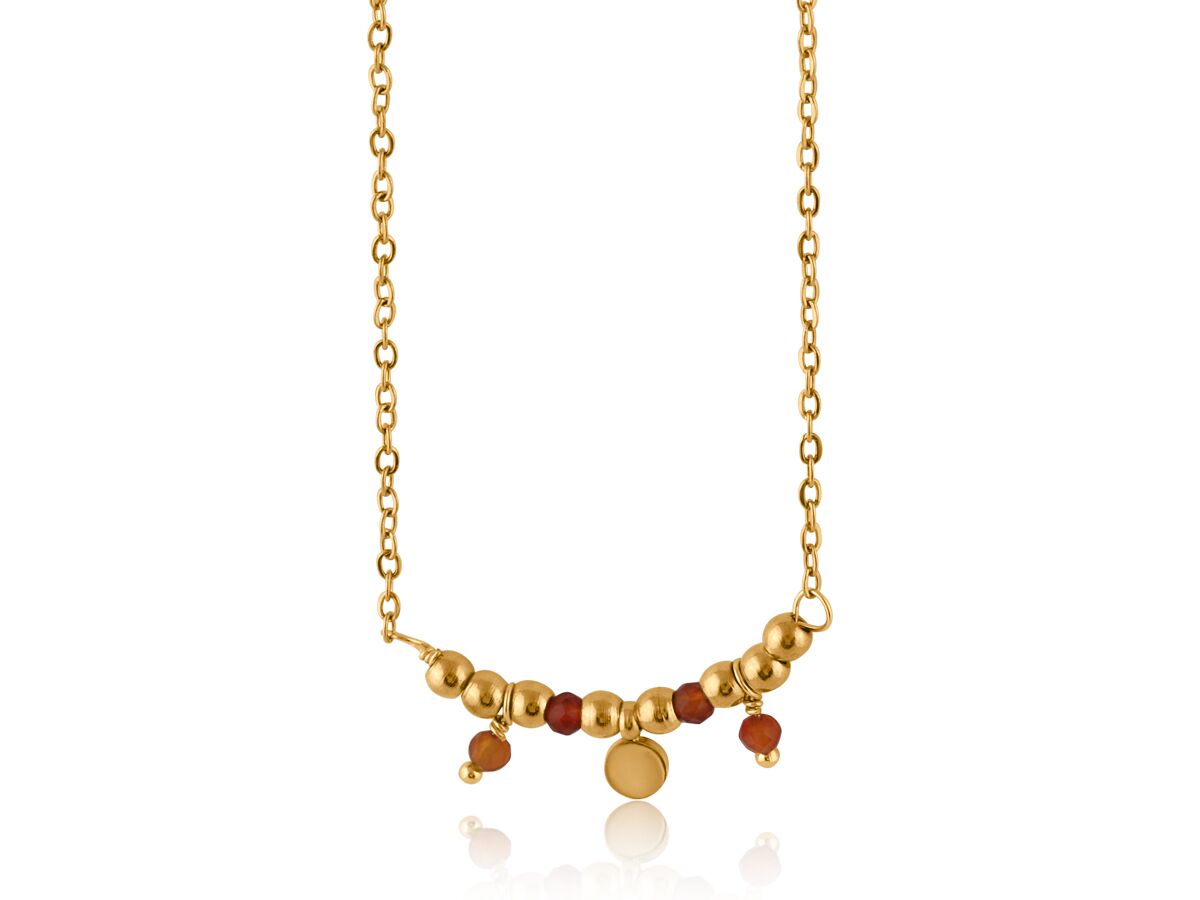 Gold Tone Beaded Necklace With Red Gems