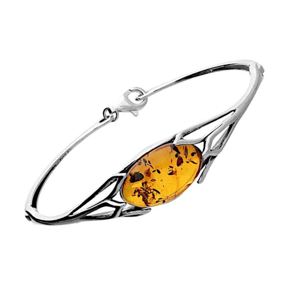 Gorgeous Sterling Silver Art Nouveau Style Bangle with Large Cognac Amber Central Stone (B1)